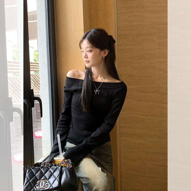 Темпераментная девушка-специя уникальный диагональный вырез открытое плечо с разрезом свитер с длинным рукавом вязаный женский осенний атмосферный свитер-база L чёрный 2390₽