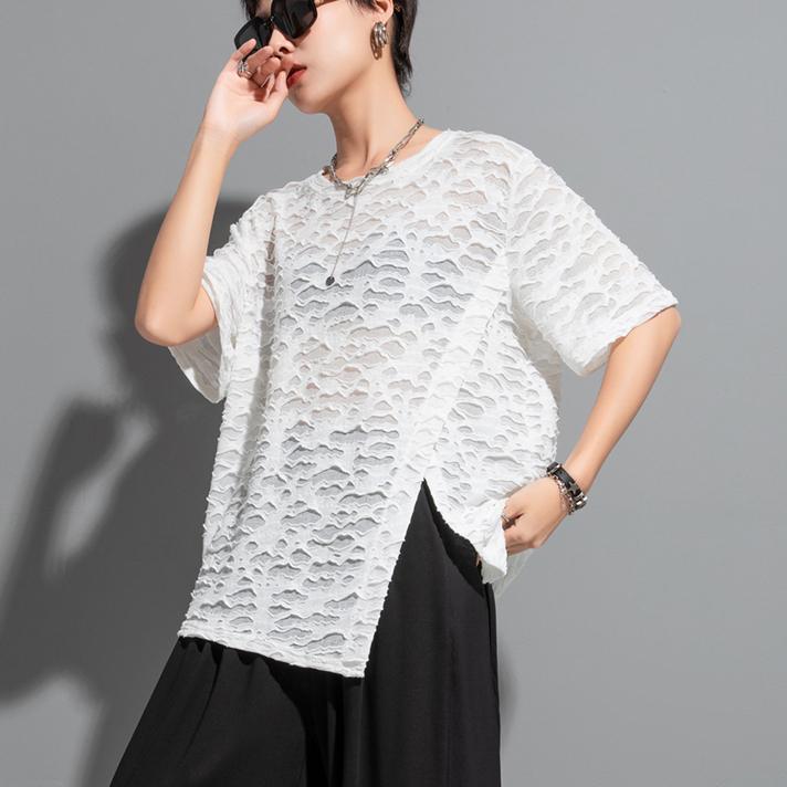 

DIMANAF 2023, новинка, женская футболка больших размеров, женские топы и футболки с круглым вырезом со свободными отверстиями, черная асимметричная футболка с короткими рукавами M белый