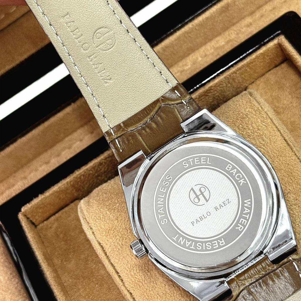 PABLO RAEZ Men's Dual Calendar Waterproof Quartz Watch with Leather Strap