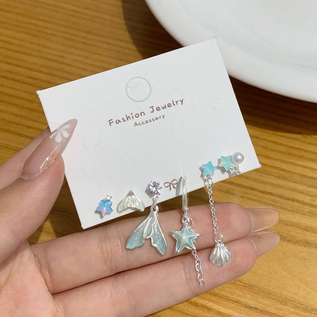Ocean Fresh Mermaid Princess Silver Stud Earring Set for Women - Conch & Starfish Designs, Exquisite Summer Niche Jewelry