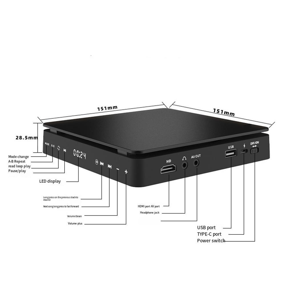 DVD Player HD Player HDMI AV Connection With USB Input Headphone Output Touch LED Screen HD 1080P Type-C 5V / 2A