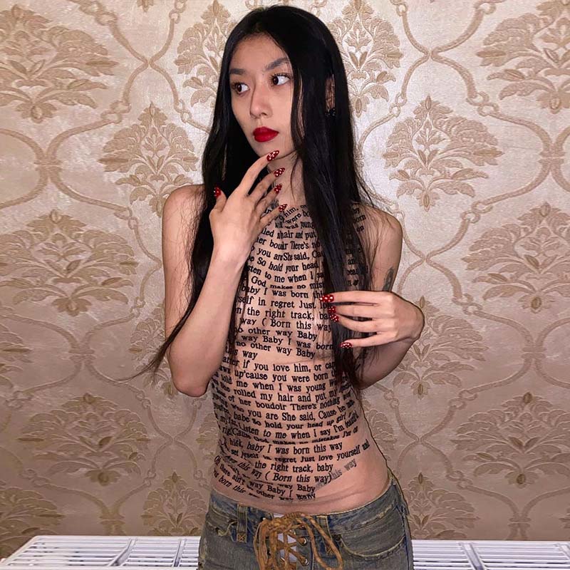 Módní trendy kulatý límec tílko bez rukávů síťovina sexy potisk článku Tenký ležérní top dámské oblečení pro hipstery