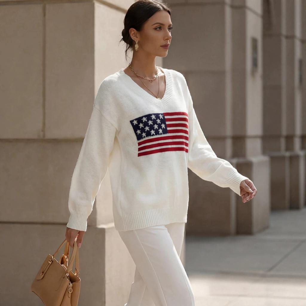 European and American Loose V-neck Knitted Sweater Women's American Flag Large Size Long-sleeved Jumper Solid Color Autumn and Winter New Models