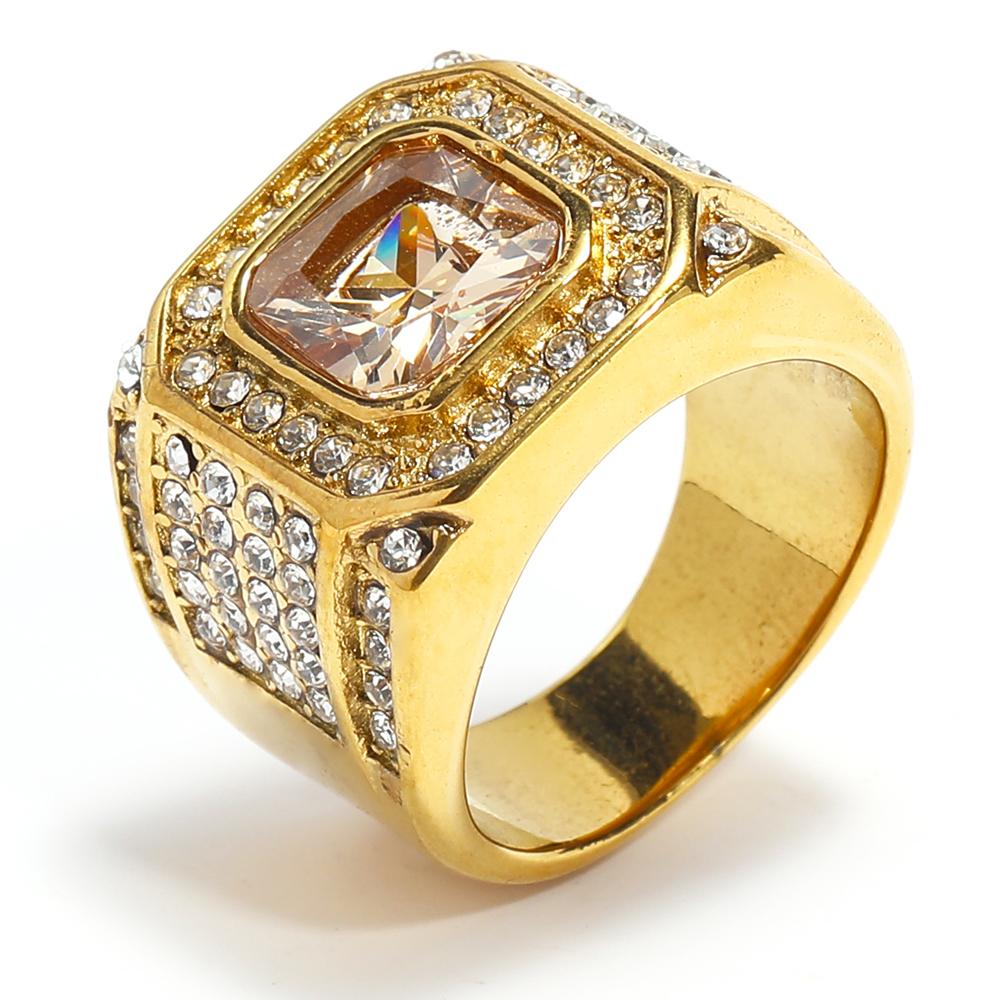 Full Diamond Square Ring for Men Titanium Steel Bling Iced Out Hip Hop Jewelry Luxury Cubic Zirconia Ring
