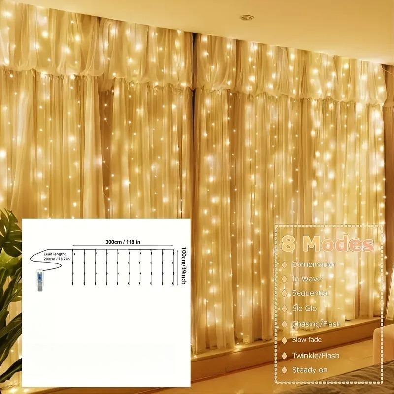 

LED Fairy Light Curtain USB Remote Control 8 Modes String Lights Christmas Wedding for Bedroom Wedding Party Xmas Decoration 1M 100LED Warm White