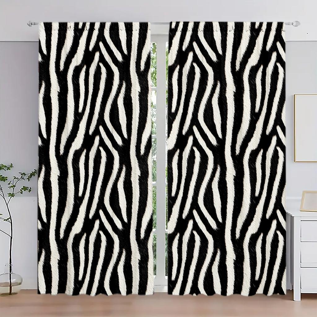 2pcs  Zebra Stripes Printed Curtain for Home Decor - Rod Pocket Window Treatment for Bedroom, Office, Kitchen