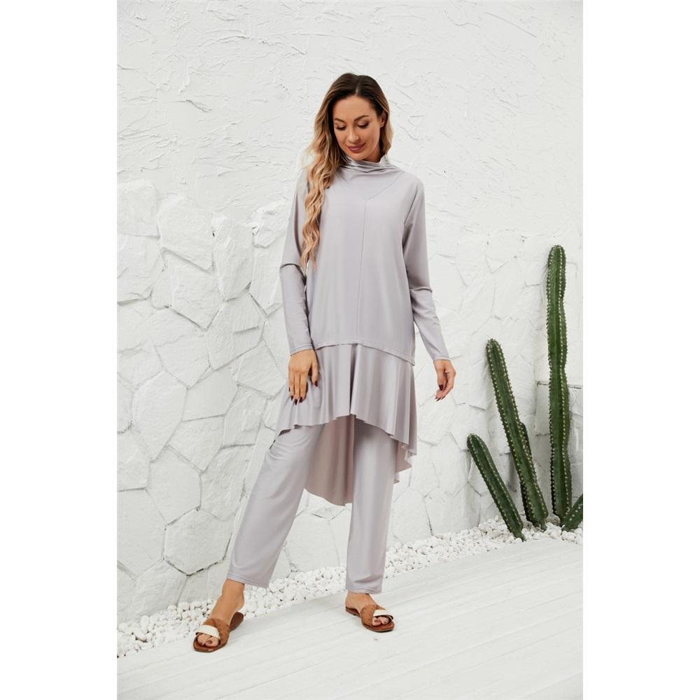 Women's 3-Piece Modest Burkini Swimsuit, Long Sleeve Ruffle Tunic & High Waist Pants with Hijab, Full Coverage Swimwear