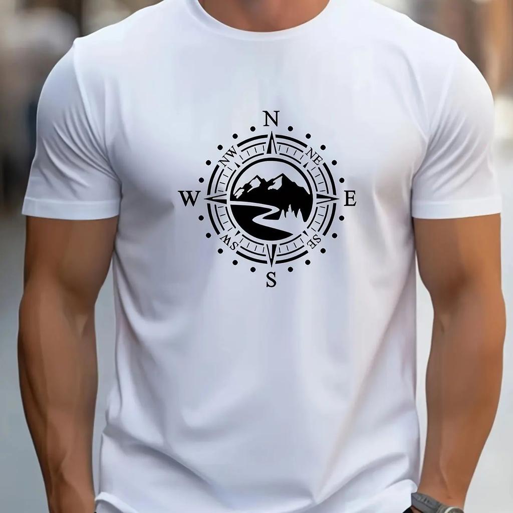 The 2025 summer new mens Tshirt features a casual large compass pattern print a sporty and comfortable roundneck shortsleev