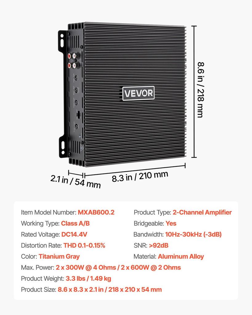 Car Audio Amplifier, 2-Channel Bridgeable Car Amplifier, Full-Range Class AB Stereo Amp, Max. 2 x 300W at 4 Ohms / 2 x 600W at 2 Ohms, High Output,