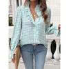 Camicia a quadri con pizzo, scollo a V, nuova collezione primaverile europea e americana, camicia a maniche lunghe alla moda ed elegante francese per donna