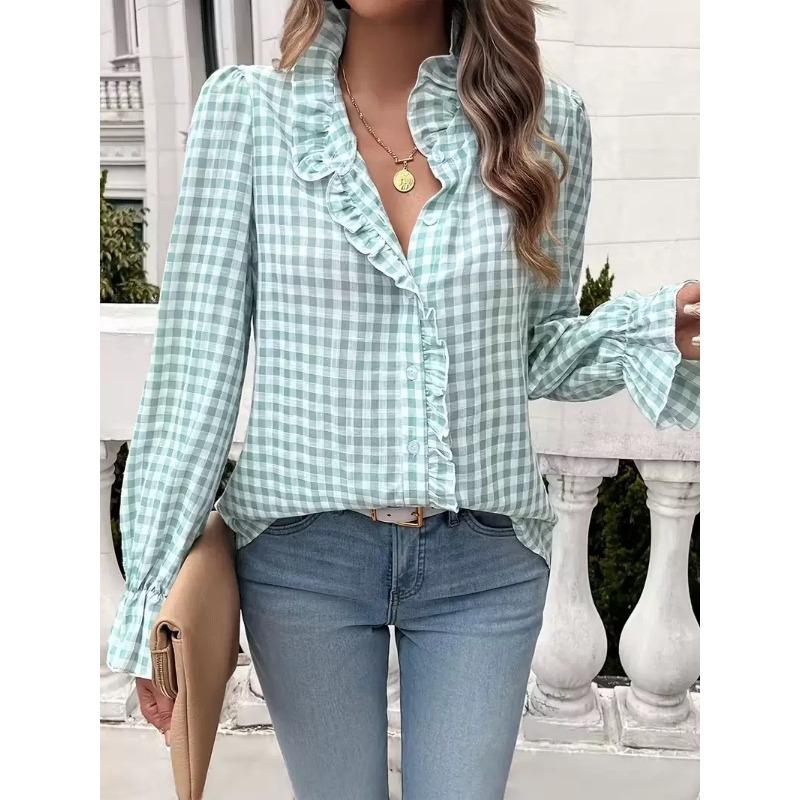 Camicia a quadri con pizzo, scollo a V, nuova collezione primaverile europea e americana, camicia a maniche lunghe alla moda ed elegante francese per donna