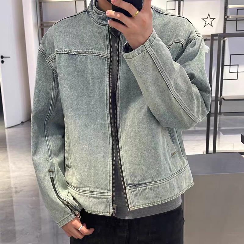 Мужская ретро-куртка из стираного потертого денима на молнии - Свободный повседневный универсальный модный топ XXL