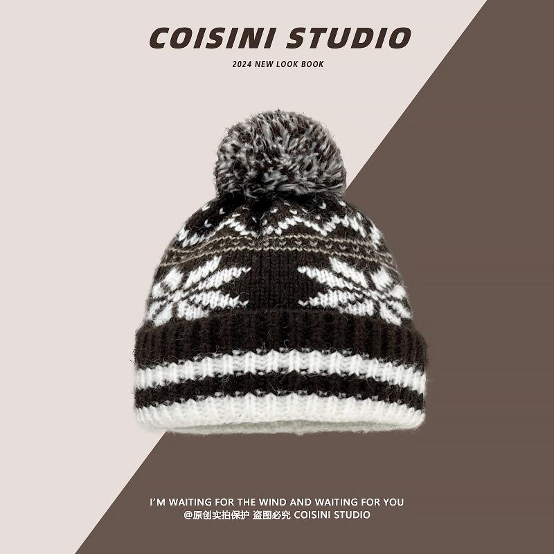 Koreanische Version des Retro-Fair-Island-Stil-Strickmützen-Paares, verdickt, warm, Weihnachten, Schneeflocken-gestreifter Pulloverhut