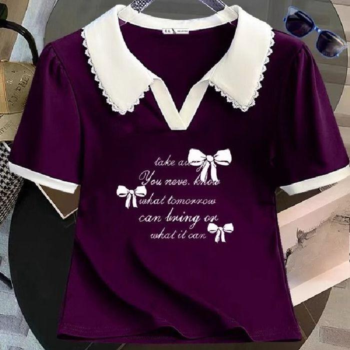 

Новая летняя модная футболка с коротким рукавом, кружевной отделкой контрастного цвета и воротником поло для женщин one size фиолетовый