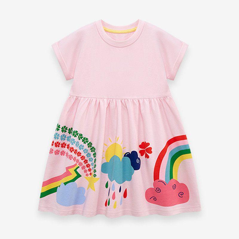 Girls Pink Rainbow Dress Summer New Style Summer Little Girl s Stylish Dress Kidsren s Baby Pure Cotton Dress Pink Size 6Y /130, Recommended Height 120-130cm
