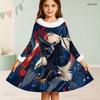 Girls Long Sleeve White Furry Collar Eagle Printed Navy Red A Line Flared Dress