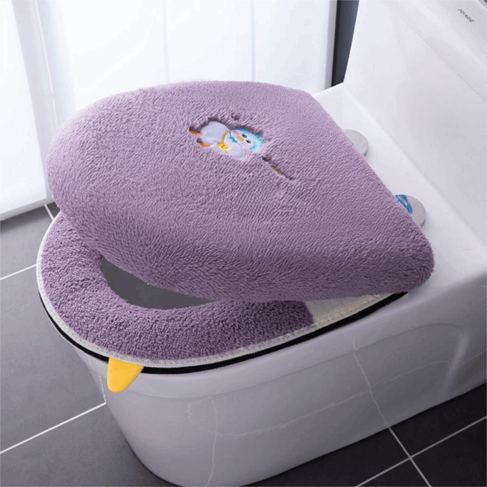 2PCS/Set Cartoon Embroidered Toilet Seat Cover Warm Soft Toilet Seat Mat with Handle Zipper Protector Toilet Seat Cushion