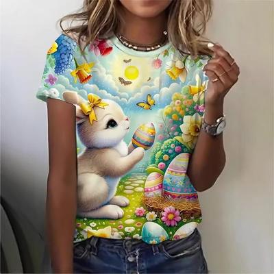 Summer Round Neck 3D Colorful Easter Bunny and Flower Egg Print Top Fashionable Casual Short Sleeved Women's T-shirts