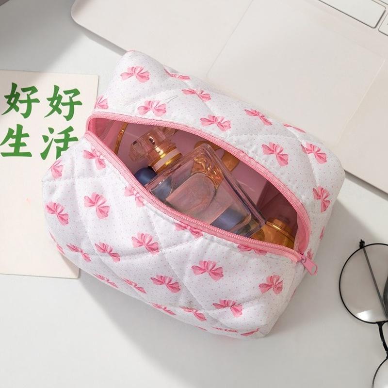 Pink Bow Cosmetic Bag Zipper Makeup Organizer Portable Cosmetic Storage Bag for Women Travel Toiletry Bag Handbag