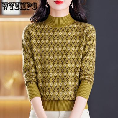 Sweter dzianinowy zimowy z półgolfem damski luźny warstwa wewnętrzna z długim rękawem bazowy top