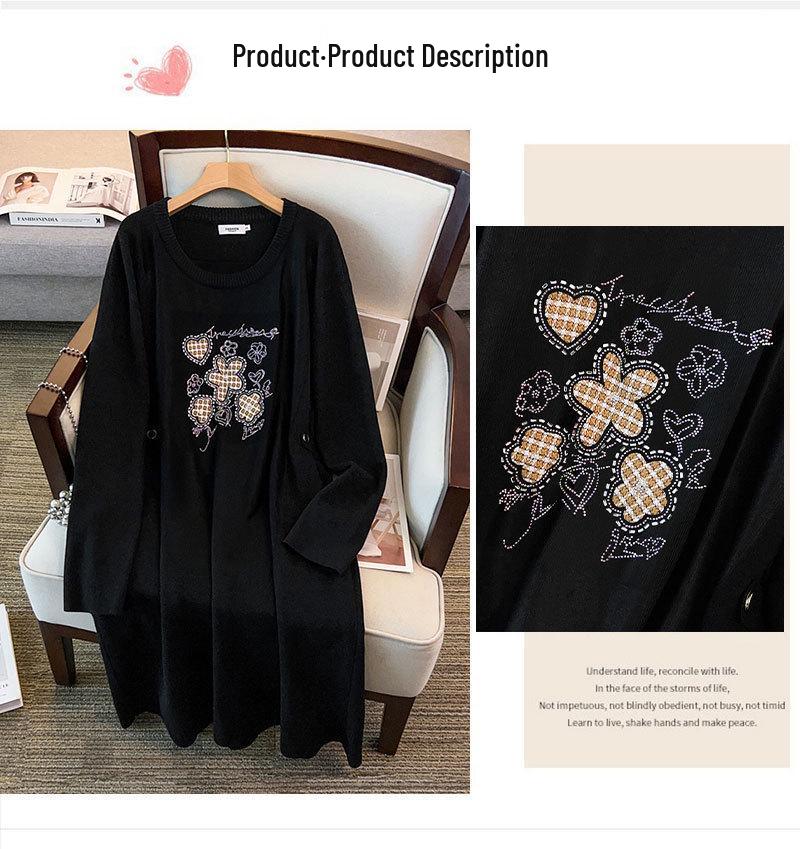 Plus Size Women's Loose Sweater Dress, Bust 150/160, Long Round Neck, 200-350 Jin