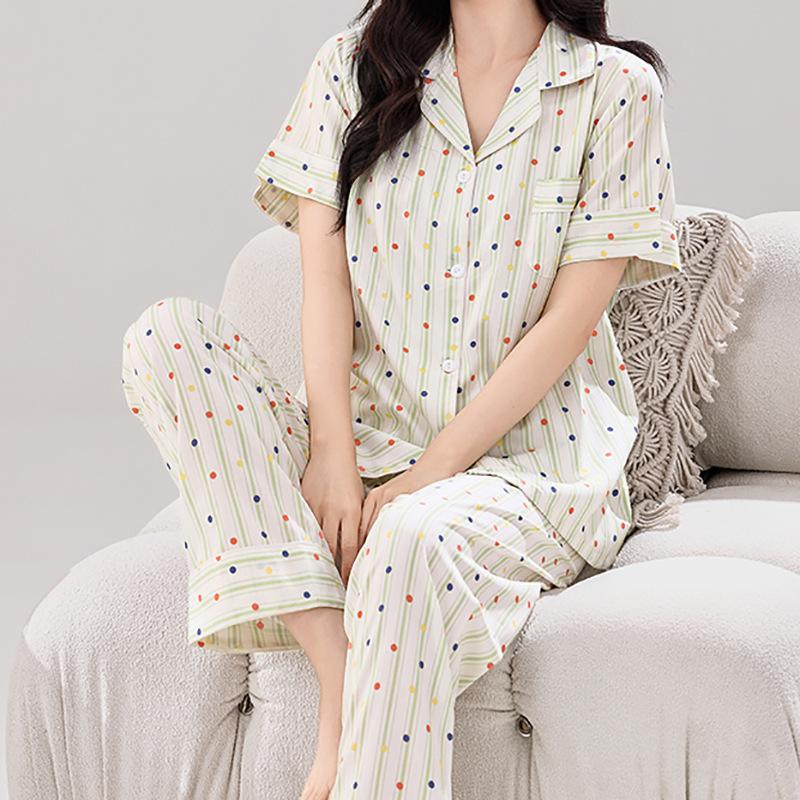 Spring and summer cotton and silk thin pajamas women's short-sleeved trousers set V-neck Korean version lapel button cardigan pajamas