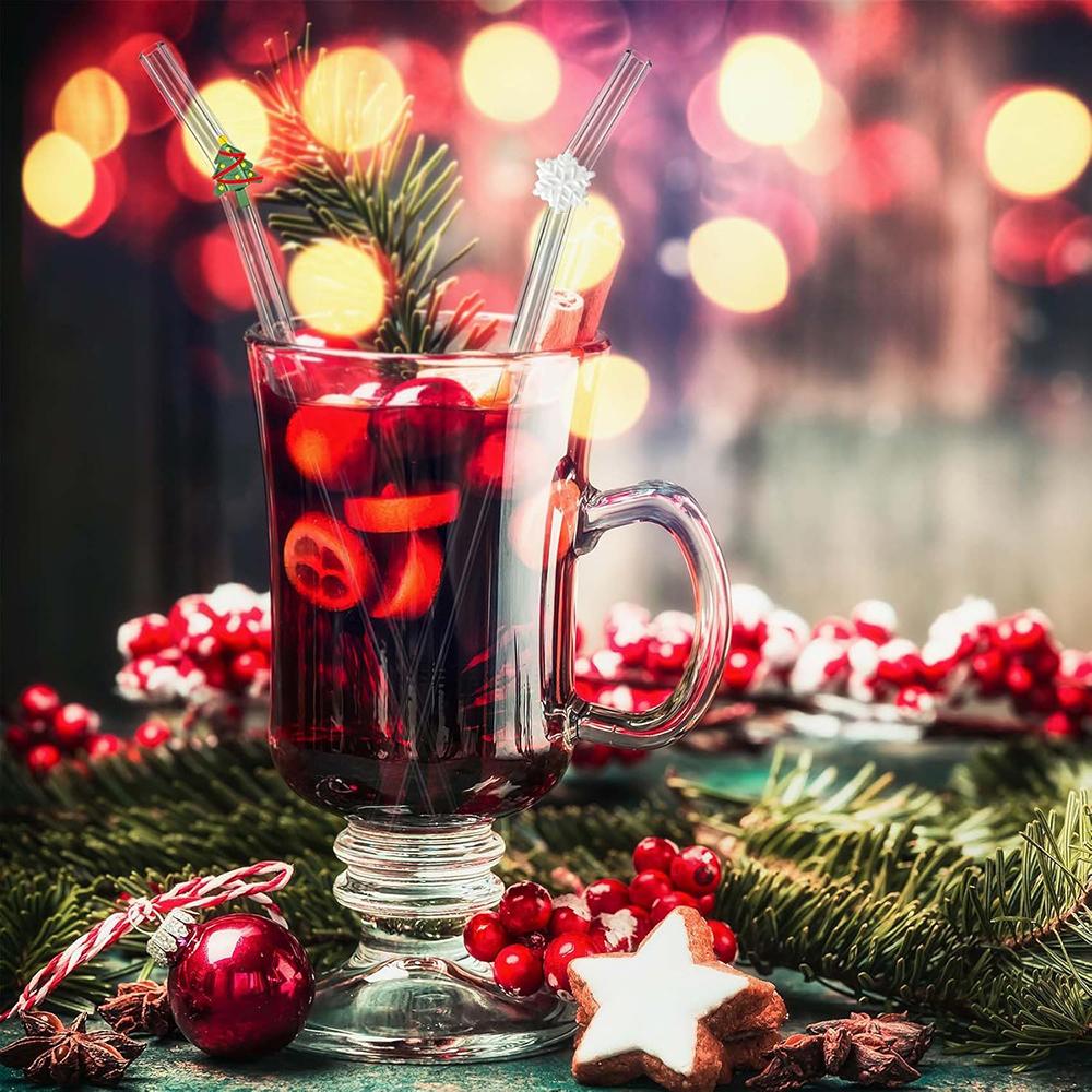 6Pcs/Set Christmas Design Reusable Straws Glass Straws with Cleaning Brush for Smoothies Milkshakes Juices Bar Accessories Set