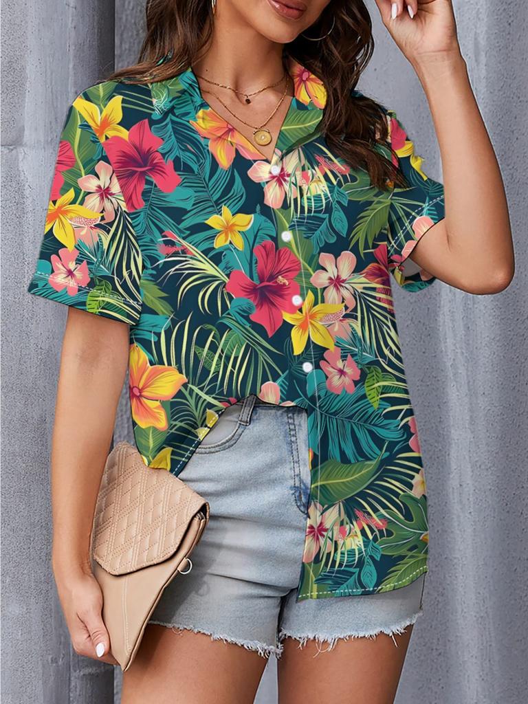 2026 New Women's Fashion Trendy Simple and Casual Hawaiian Floral and Botanical Print Short-Sleeve Shirt