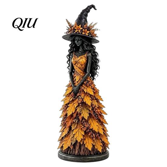 Gothic Shelf Accent Autumn Witch Figurine Statue, Resin Halloween Fall Tabletop Decor, Thanksgiving Table Centerpiece Ornament for Mantel Fireplace
