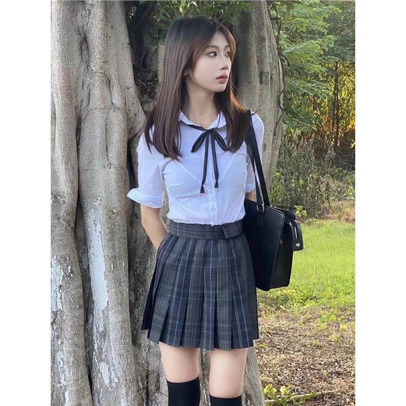 Summer Waist-Cinching Short-Sleeve Shirt & Versatile Plaid Skirt Set: Sexy & Slimming JK Style