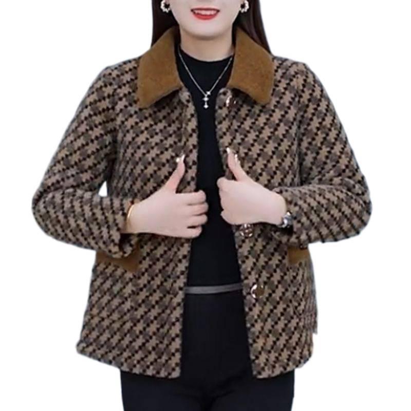 

Пальто для мамы среднего возраста на осень и зиму, новый стиль, верхняя одежда для женщин среднего и пожилого возраста, клетчатый квадратный воротник 5XL