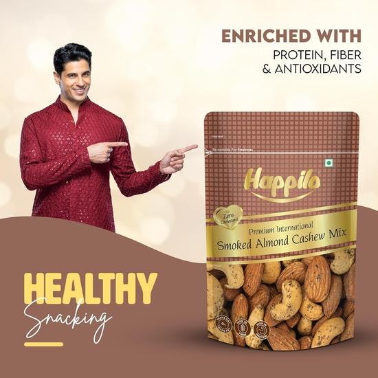 Happilo Premium Internationell Rökta Mandlar och Cashewnötter Mix 160g, Rökig Smak, Hälsosamt Mellanmål, Rik på Protein, Fiber och Viktiga Näringsämnen