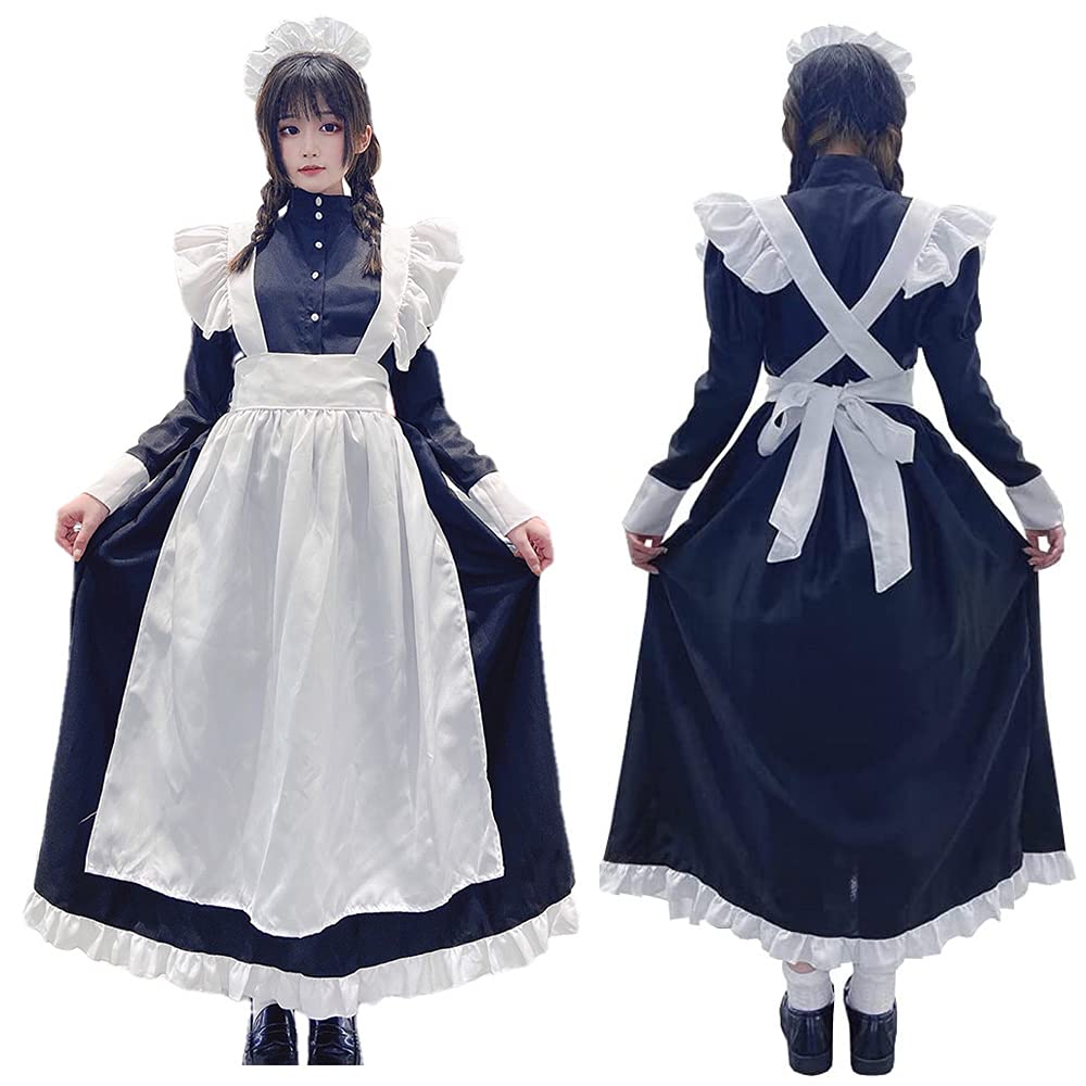 YIUHK Dienstmädchen Lang Lolita Halloween Klassisch Inklusive Haarreif und Set Damen Britischer Stil Outfit, Ärmel, Cosplay, Kostüm, Kleid, Schürze, Veranstaltung,