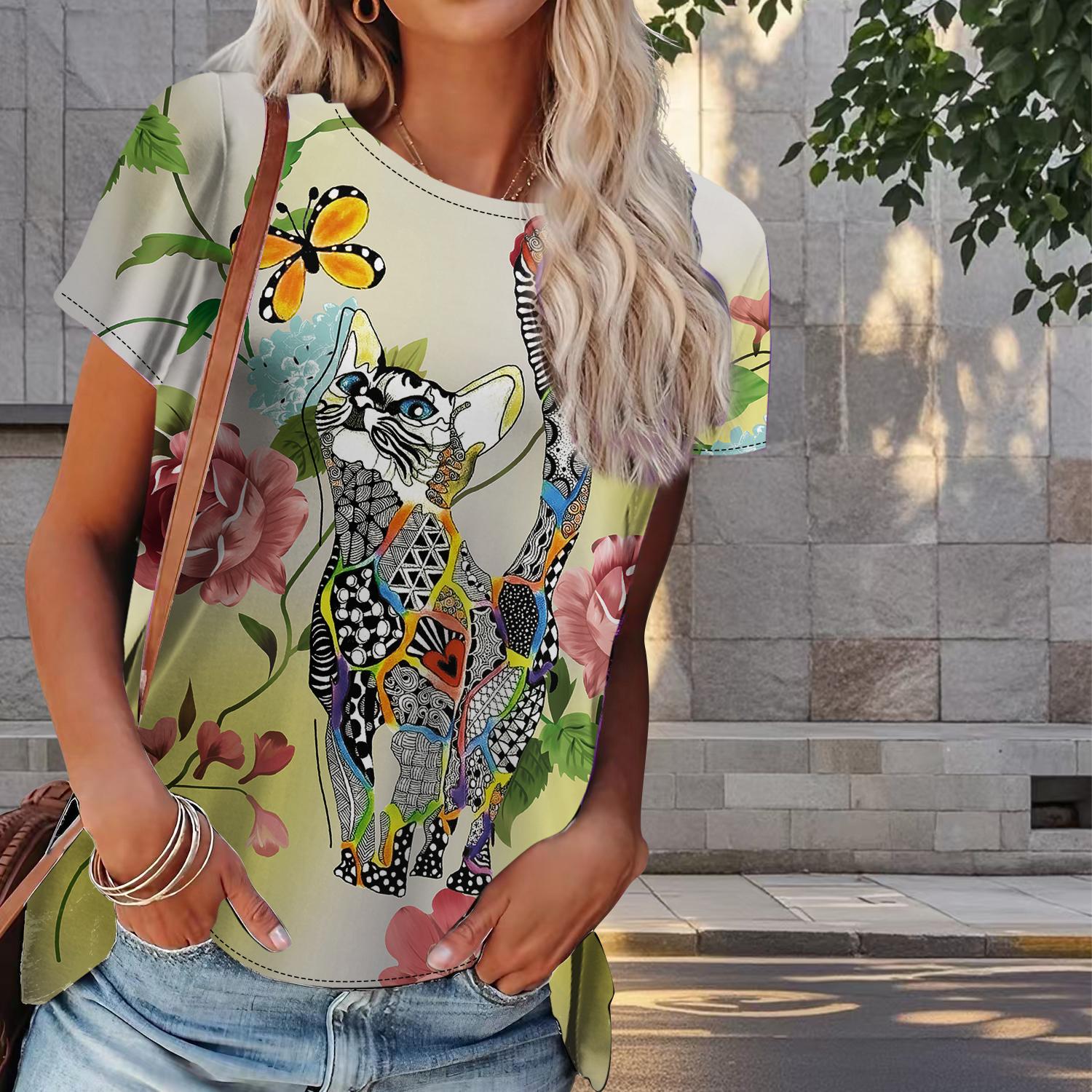 

Женская летняя футболка с принтом котенка в стиле ретро, футболки с коротким рукавом, повседневные топы с принтом 4XL жёлтый
