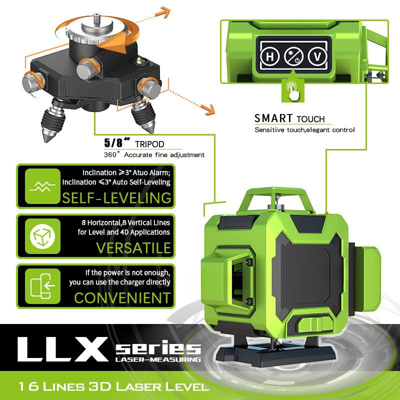 Nivelador Láser Verde Nuevo de 12/16 Líneas Proyector Láser Autonivelante Portátil Herramienta de Medición de Líneas Cruzadas Horizontales y Verticales de 360°