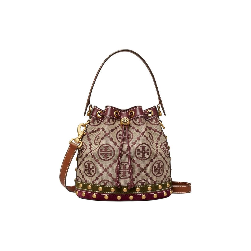 Tory Burch T Monogram Double T Logo Dutch Quilted Metal Ring Drawstring Bucket Bag Leather Shoulder Crossbody Tote Women bags Brown 138906-639