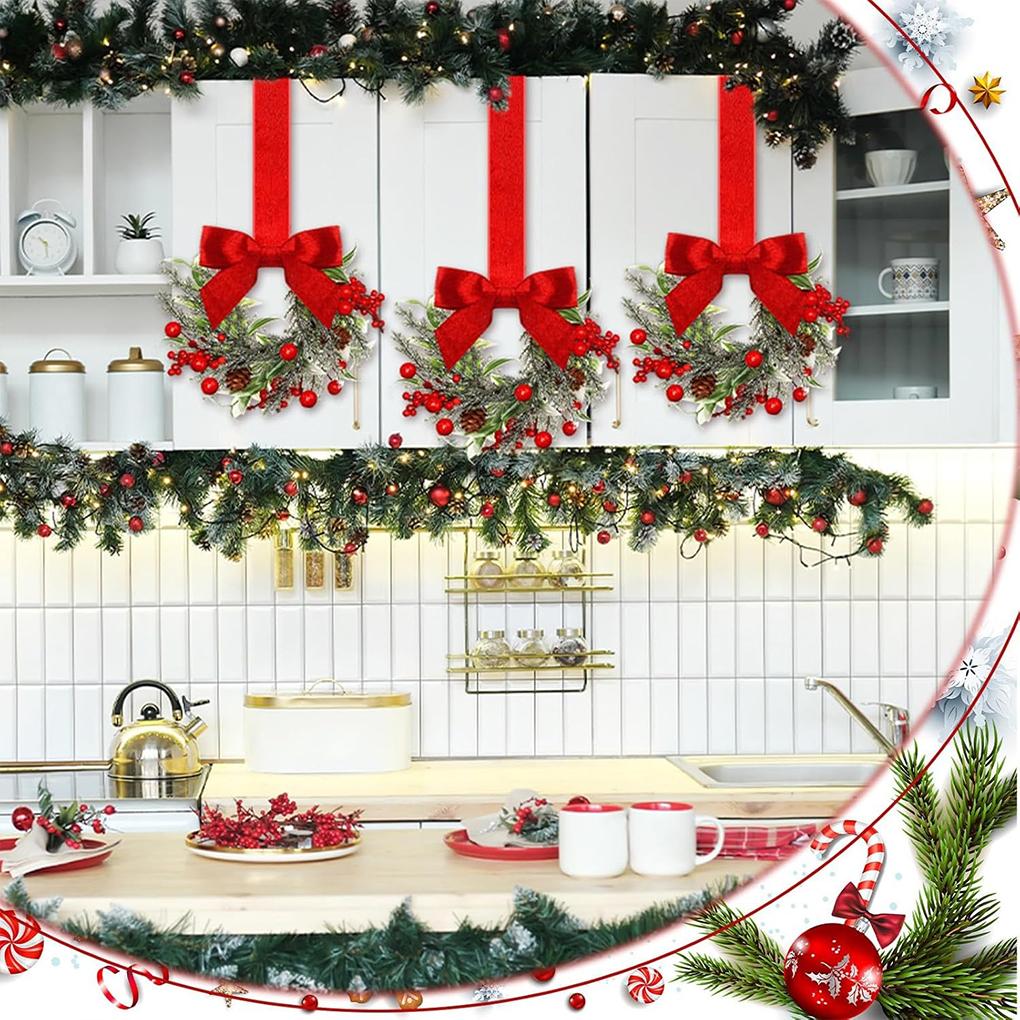 6PCS/SET Christmas Kitchen Cabinet Wreaths with Ribbon Mini Christmas Wreath Small Kitchen Xmas Decor for Window Door