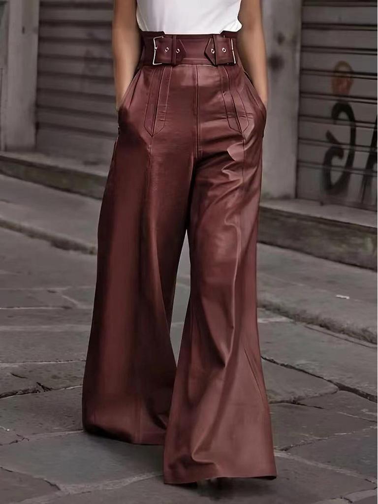 High Waist PU Leather Flare Pants with Waist-cinching & Pockets - 2025 Fashion