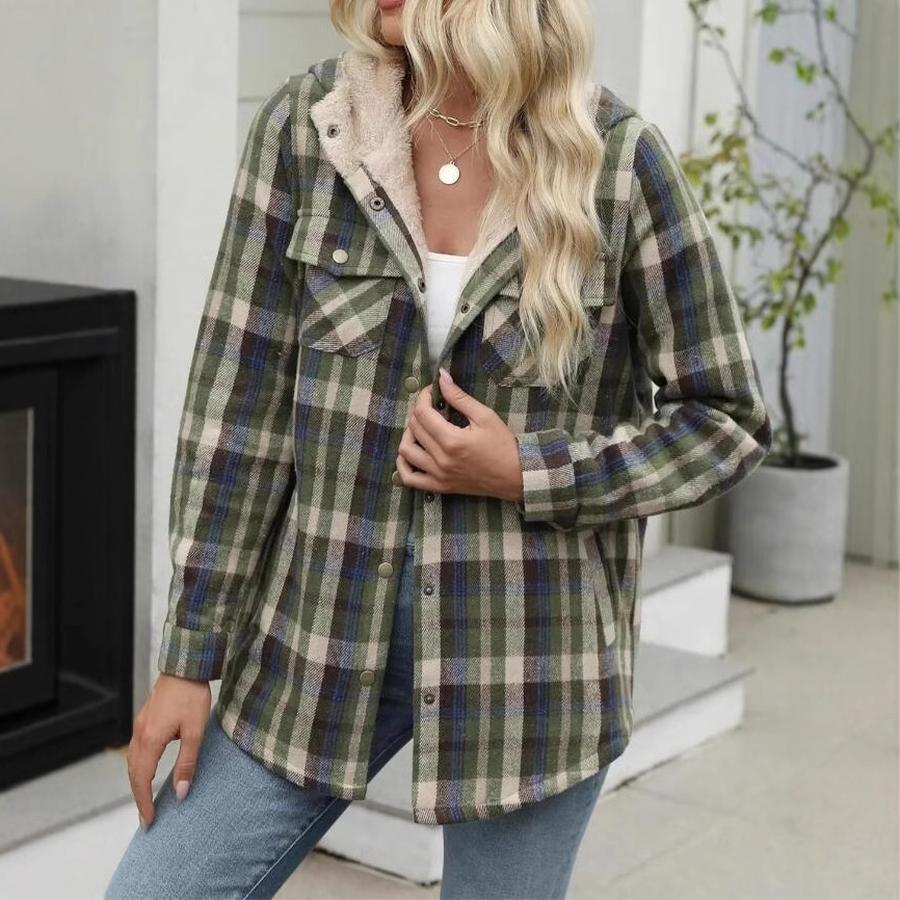 Fall Winter Women's Plaid Jacket Long Sleeve Hooded Cozy Coat with Pockets