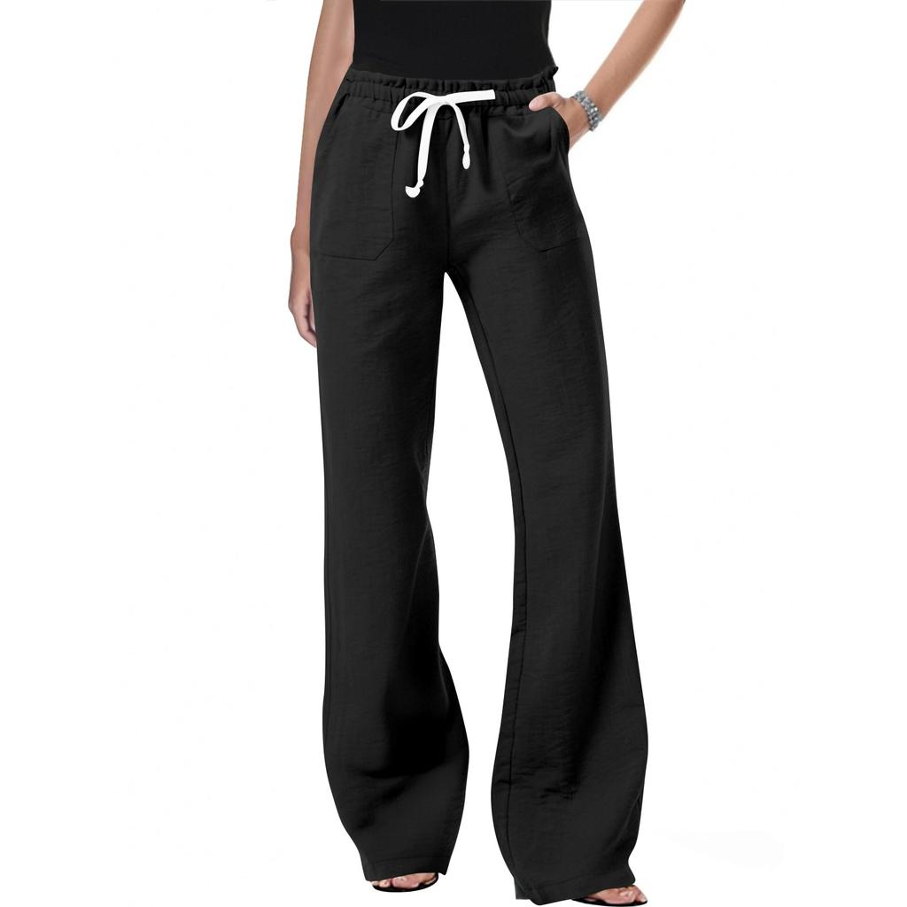 Women's Slant Pocket Elastic Waist Casual Cotton And Linen Trousers
