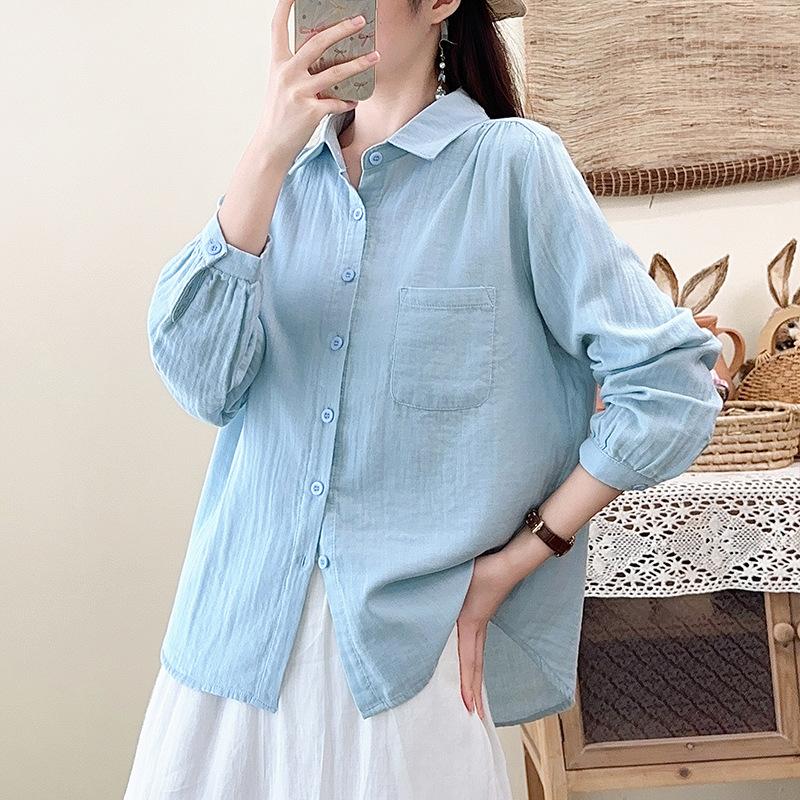 Spring and Autumn New Double-layer Cotton Yarn Pure Cotton Shirt Women's Japanese Literary and Art Style Loose Casual Skinny Versatile Shirt Top