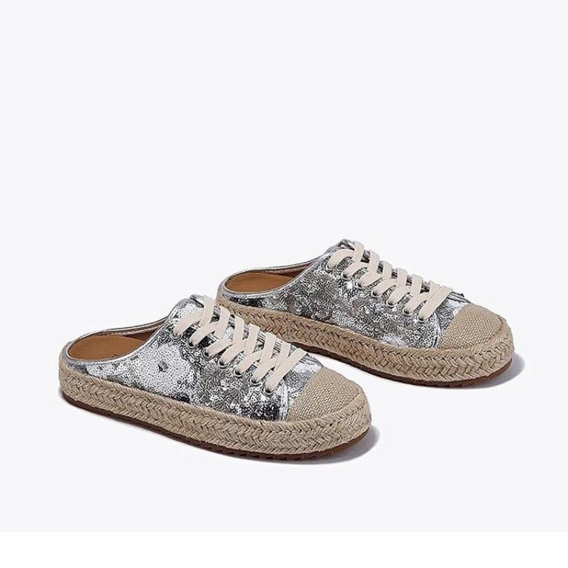 Fashionable Sequined Toe Half-slipper Women's 2025 Summer New Thick-soled Straw Woven Hemp Rope Fisherman's Shoes