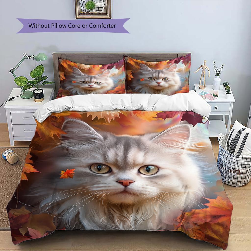 Maple Leaf Cat  Pattern Bedding Quilt Set Quilt Cover Pillowcase Home Decoration  Gift (1 * duvet cover + 2 * pillowcase, without core)