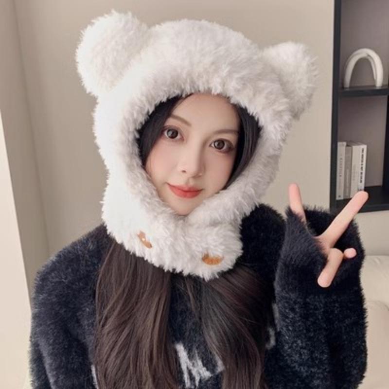 Cute bear ears plush hat scarf integrated women's winter ear protection pullover hat to keep warm and cold