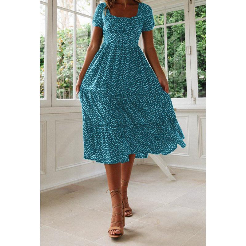 Women's French Vintage Floral Print Midi Dress Square Neck Puff Short Sleeve High Waist Chiffon Tiered Summer Casual Holiday Party Ladies Dress