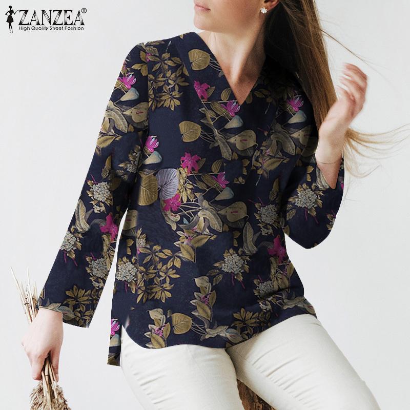 

ZANZEA Повседневная летняя блузка с v-образным вырезом и длинными рукавами и цветочным принтом