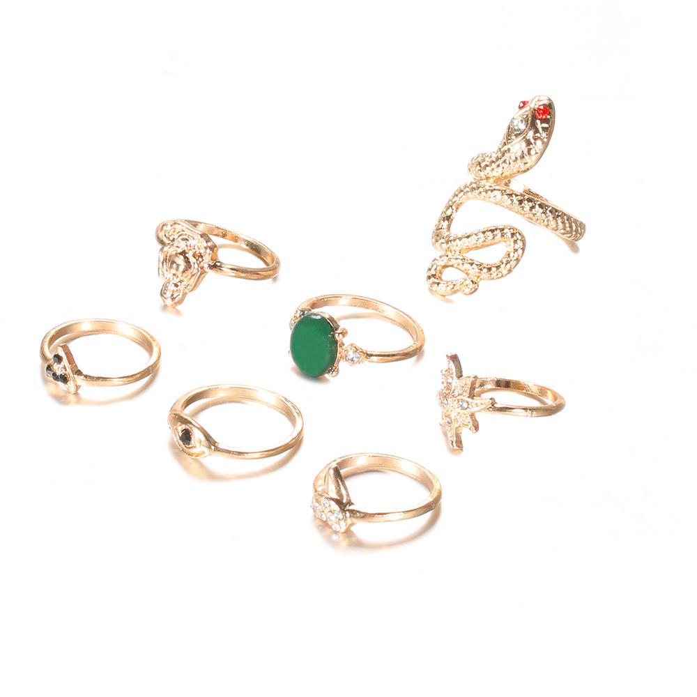 European & American Style 7-Piece Green Gemstone Opal Imitation Diamond Snake Knuckle Ring Set