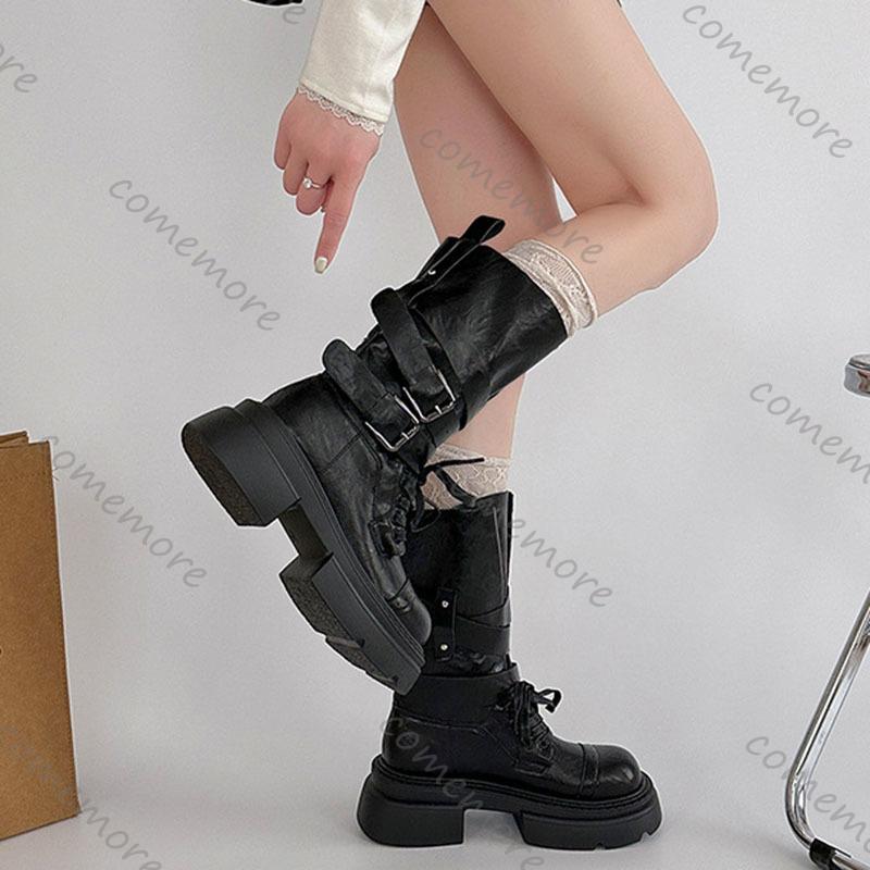 Fashion Comemore Thick Bottom Heightening Short Boots Women's 2025 New Autumn Suede Belt Buckle Punk Style Solid Mid-calf Bota Femininas