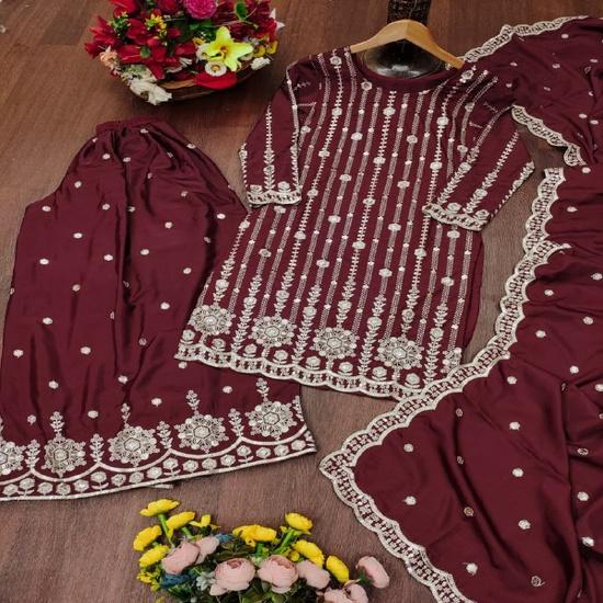 Royal Wine Embroidered Sharara Set with Scalloped Dupatta