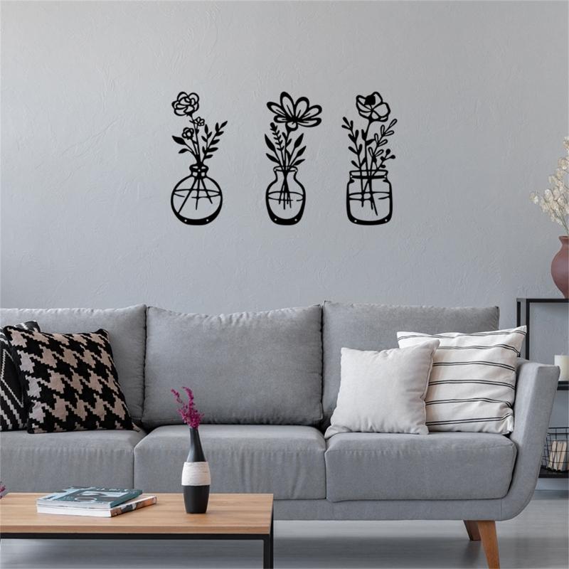 Flower Vase Wall Decorations Metal Flower Vase Sculpture HollowOut Wall Sign Sculpture Hangings Decorations for Bedroom